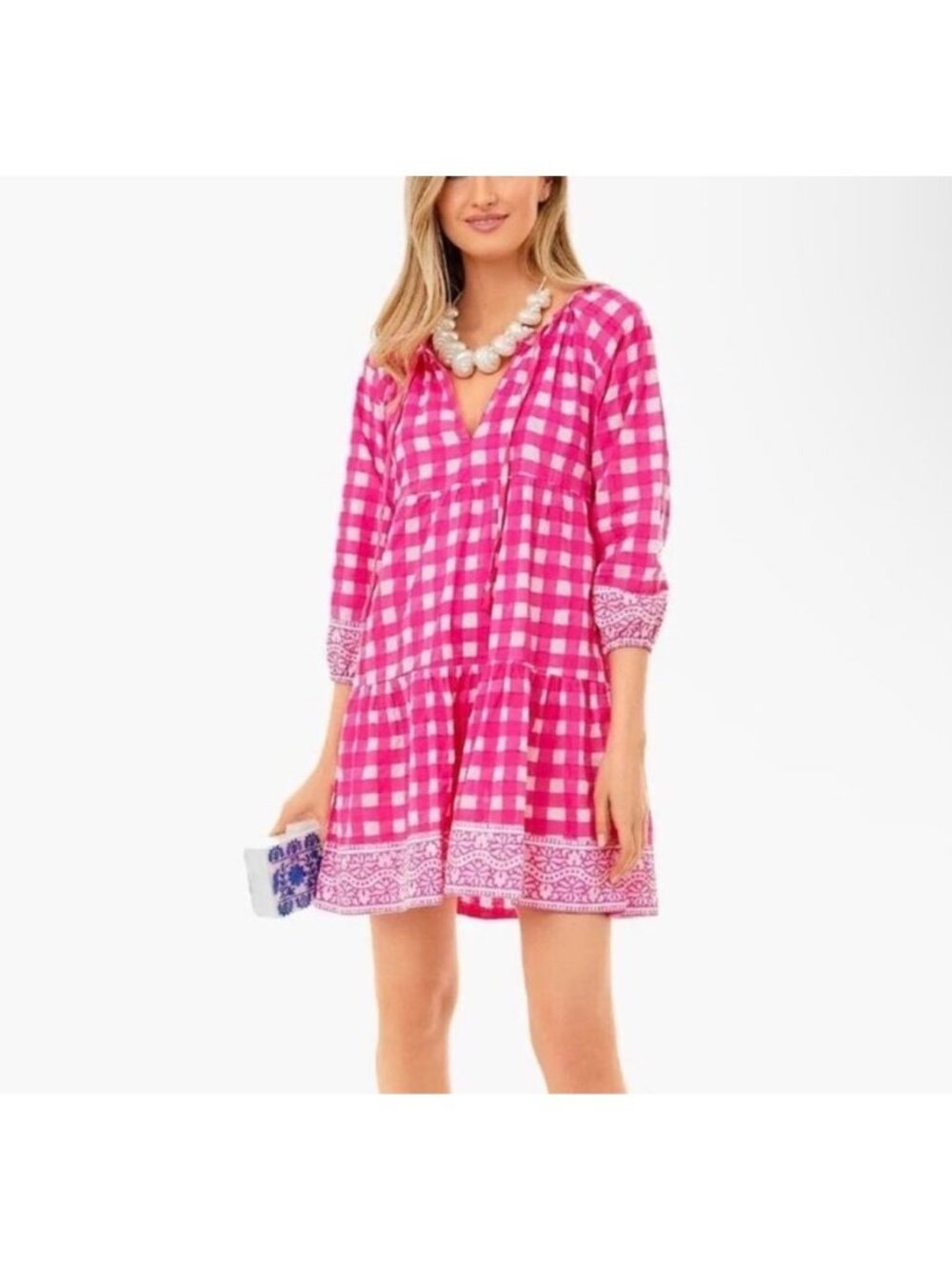 SZ Blockprints Priya Hot Pink Gingham Cotton Tiered Dress Women's Size M